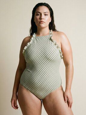 MADE BY DAWN - Cream and Black Ruffle Halter Swimsuit
